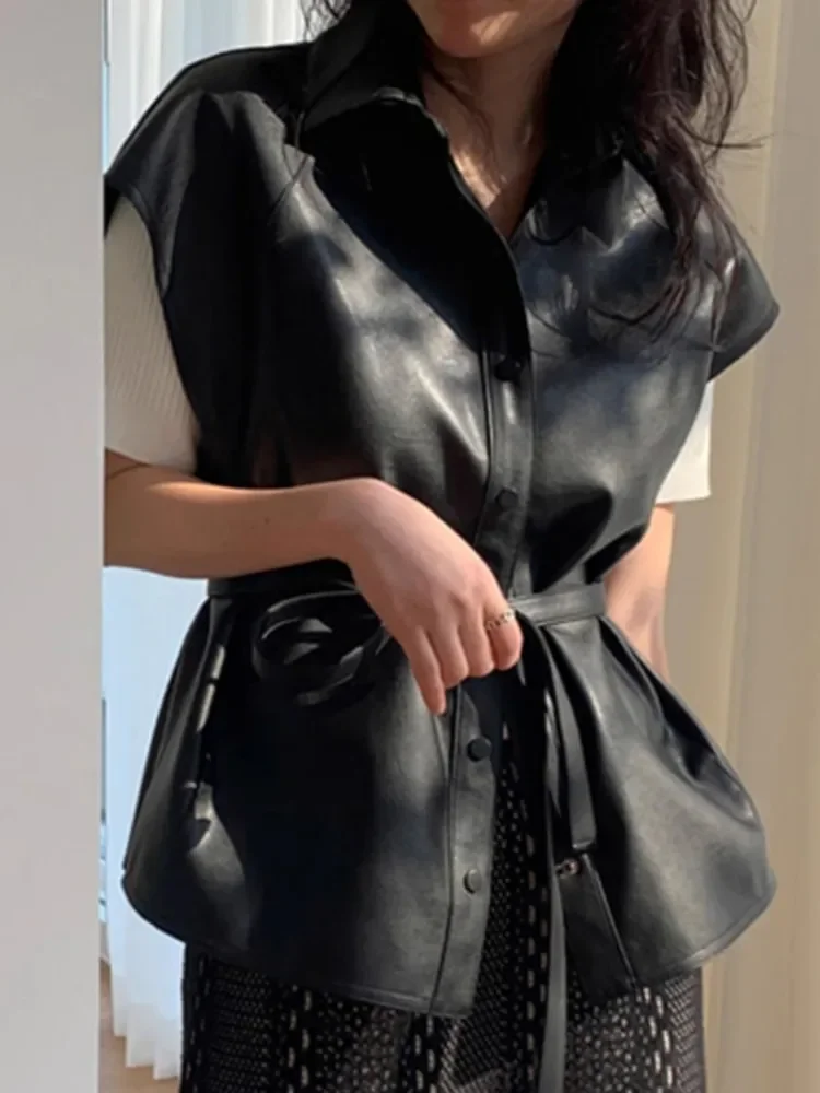 Retro Collar Leather Vest Women'S Autumn And Winter Single Breasted Lace Up Waist Slimming Loose Vest Jacket