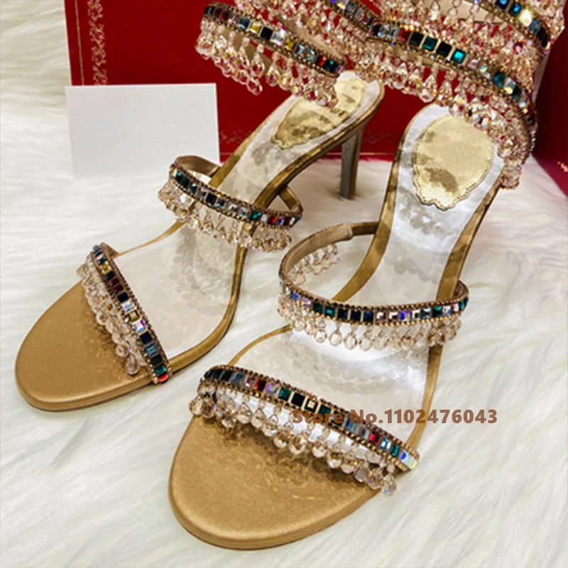 

New French Vintage Tassel Crystal Shoes Snake-shaped Twining Rhinestone Women Sexy Thin High Heel Shallow Peep Toe Sandals