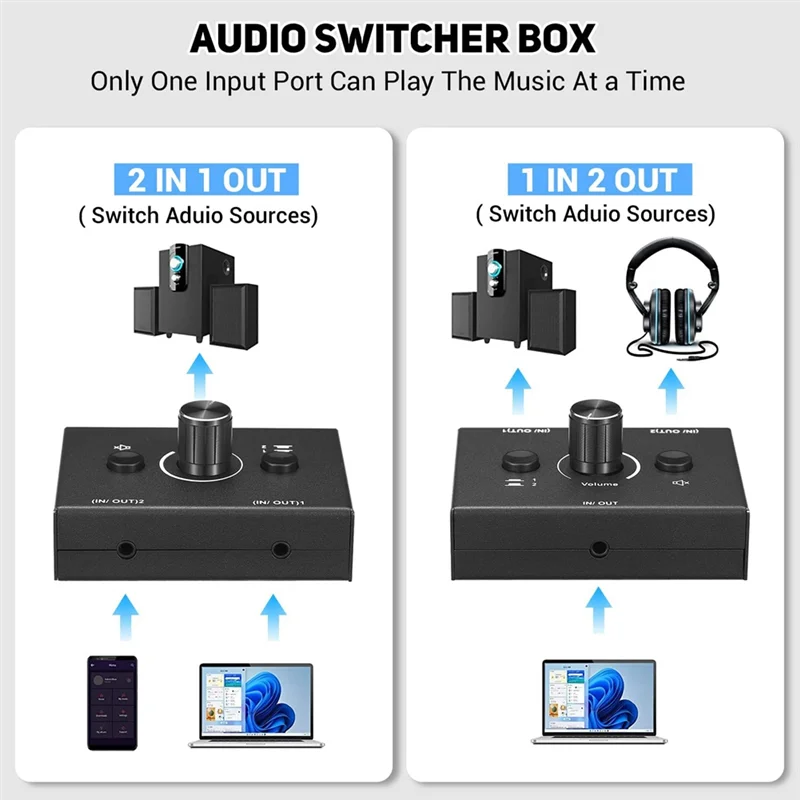 Nowy przełącznik audio 3,5 mm, 2 wejścia 1 wyjście/1 wejście 2 wyjście przełącznik rozdzielacza audio, skrzynka przełącznika audio, przycisk wyciszenia jednym klawiszem