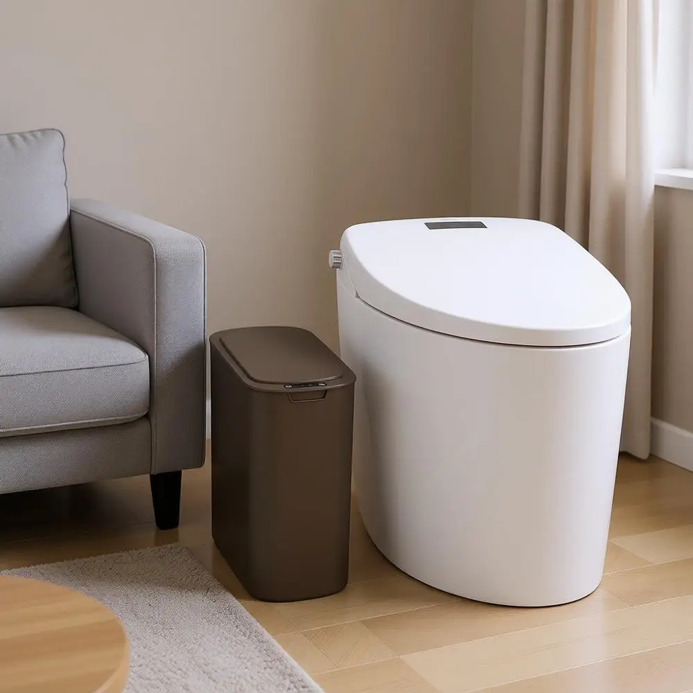 

Автоматическое мусорное ведро для ванной с датчиком движения и крышкой, 2,6 галлона, сенсорное, умное, пластиковое, тонкое, маленькое, коричневое