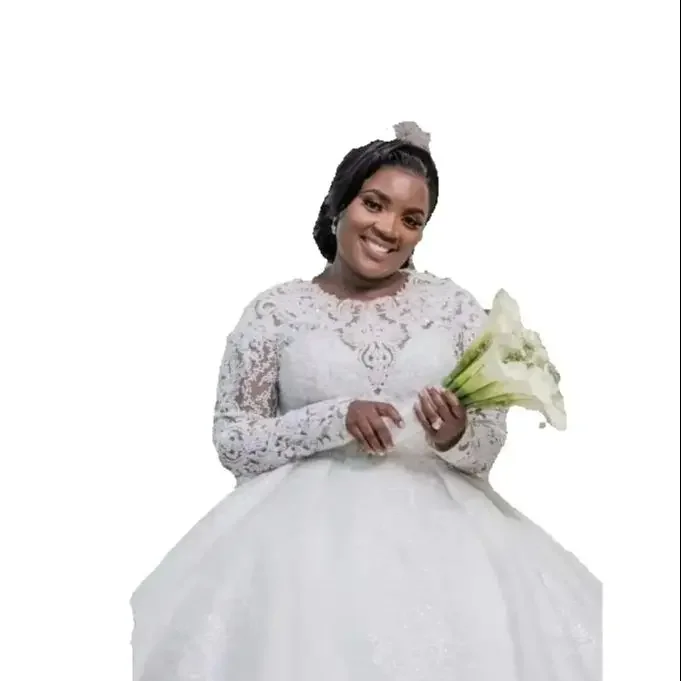 Customized O-Neck African Lace Appliques  Wedding Dress Vestidos De Novia  Long Sleeves  Ballgown Puffy Church Bridal Dress