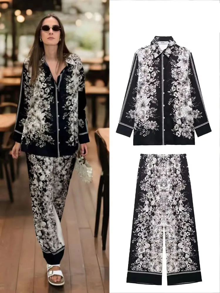 

HH женский брючный костюм, модный универсальный однобортный принт с лацканами, свободная рубашка с длинными рукавами + шикарные брюки с высокой талией и завязками