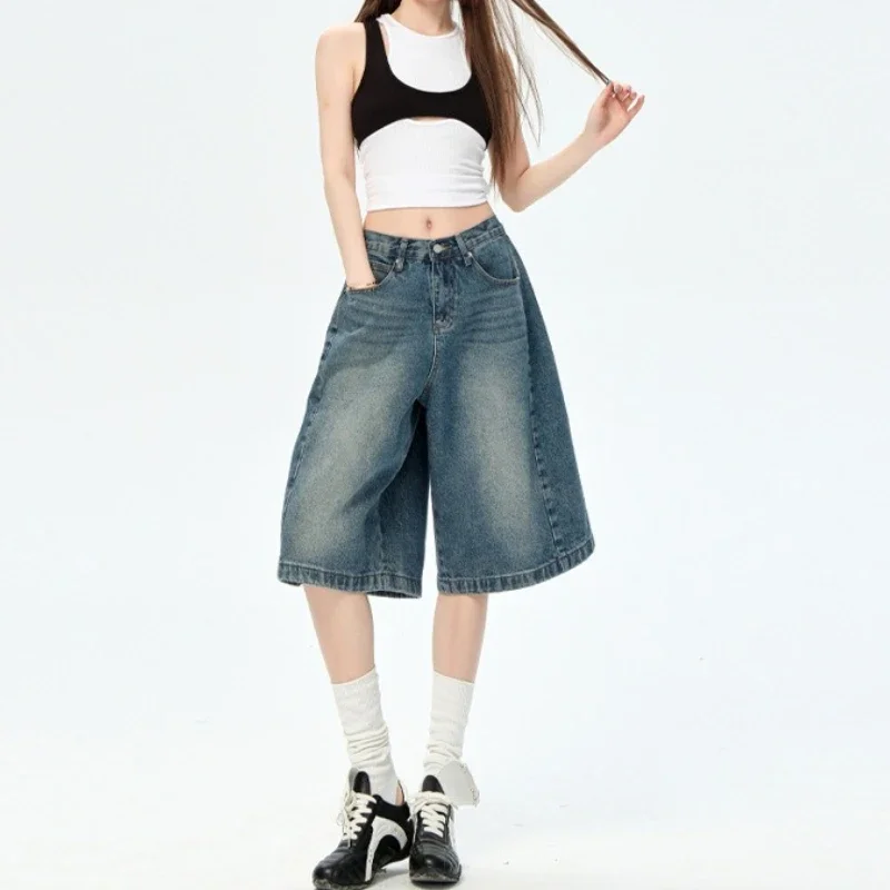Five-point Jeans Women's 2026 Summer High-waisted Thin and Relaxed Casual Loose Versatile Wide-leg Trousers