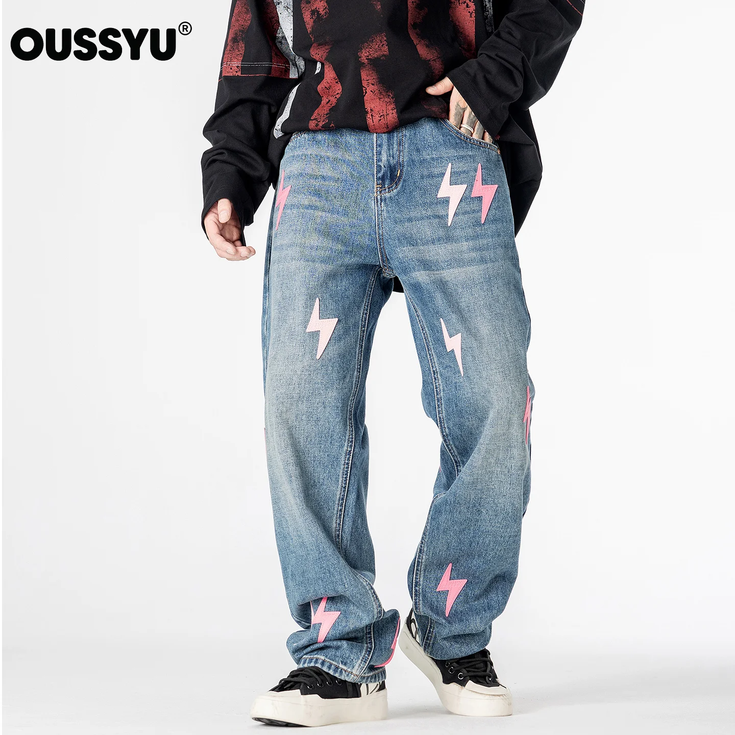 OUSSYU Brand Berkeley Lightning Pattern Baggy Men's Jeans Wide Leg Washed Denim Pants Loose Casual Trousers Men Streetwear Y2k