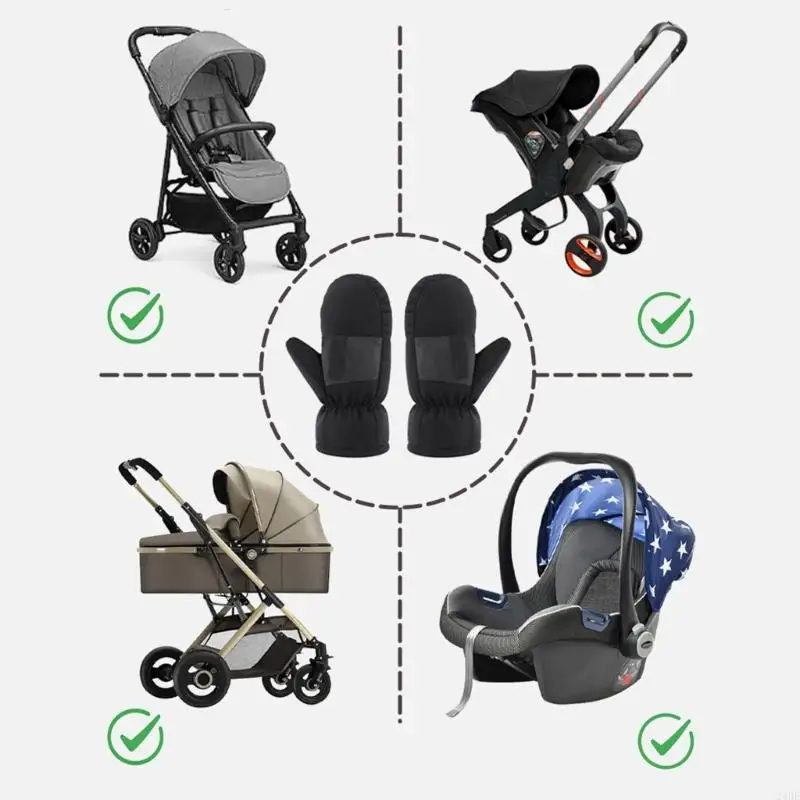 Luvas práticas para carrinho bebê, camada interna isolada, pulseiras elásticas, sistema fixação seguro, fácil manutenção