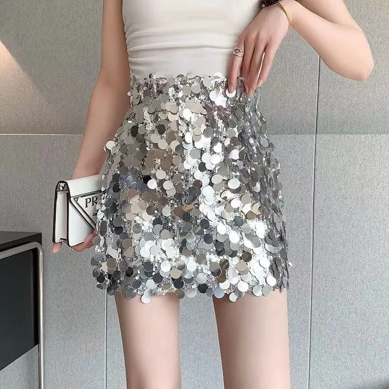 Sequin Mini Skirt Elastic Waist Glitter Skirt with Safety Shorts Women Sparkle Metallic Bodycon Skirt Sexy Club Party Wear