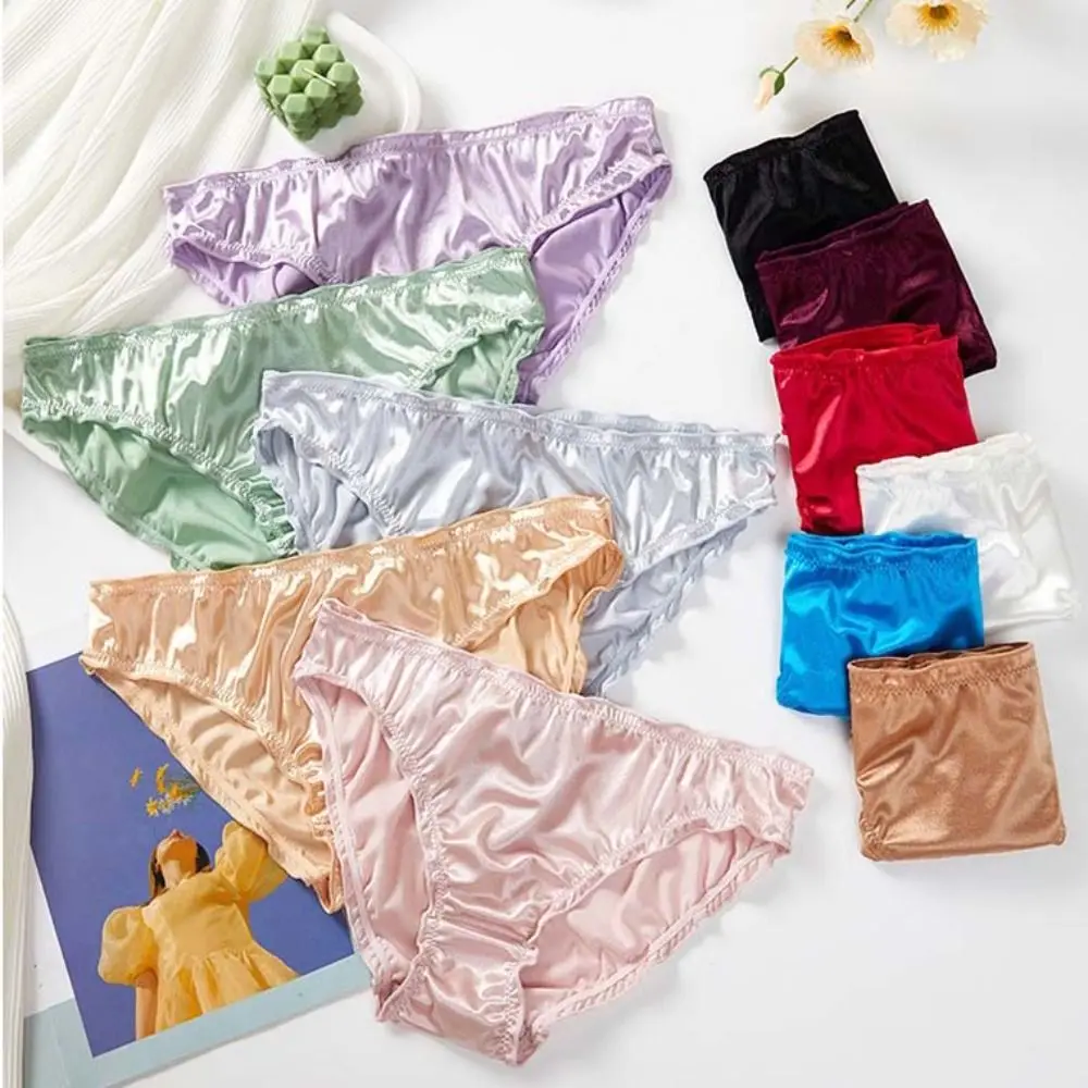 Fashion Low Waist Satin Silk Panties Solid Color Thin Ruffles Briefs Underwear Underpants Women's Panties Girl