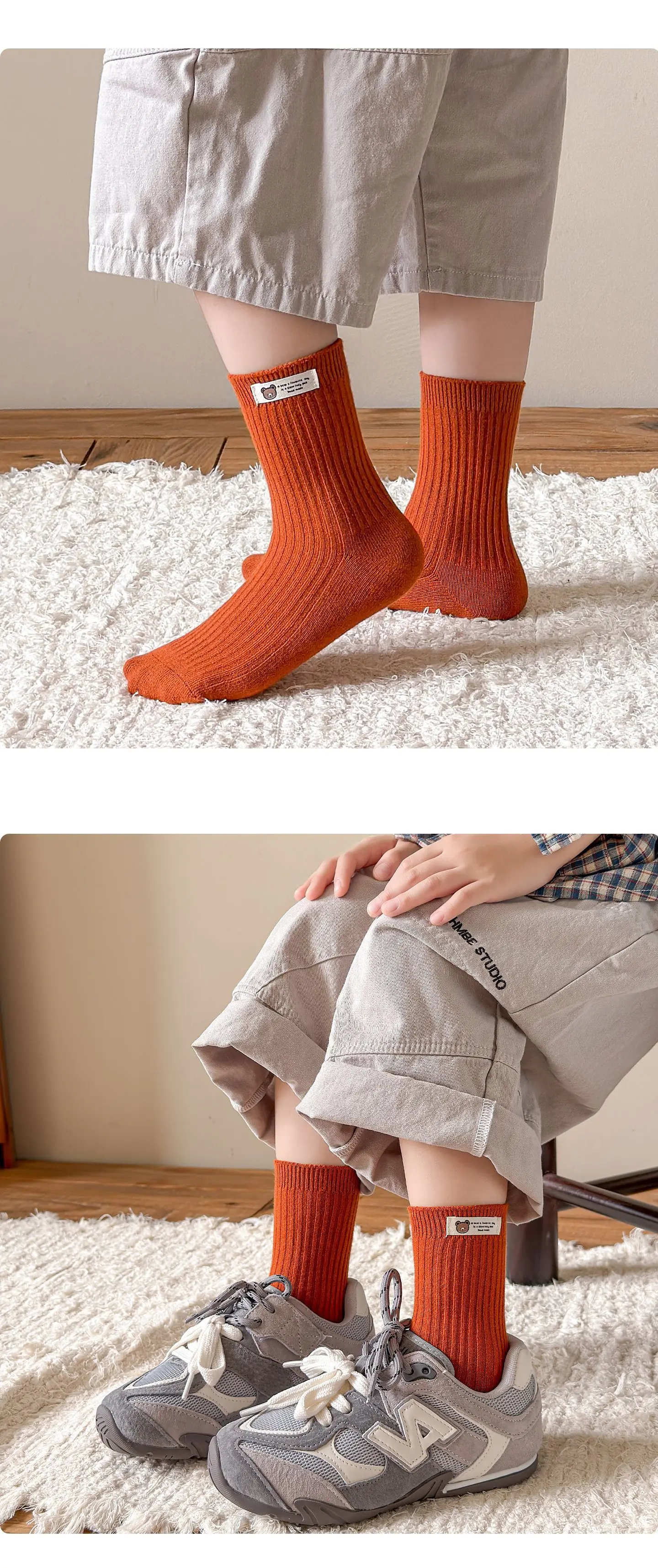3 Paar Kindersocken mit niedlichem Bären-Stoffetikett, weiche, elastische Baumwollsocken, Unisex-Kleinkindsocken für Jungen und Mädchen – Detail 4