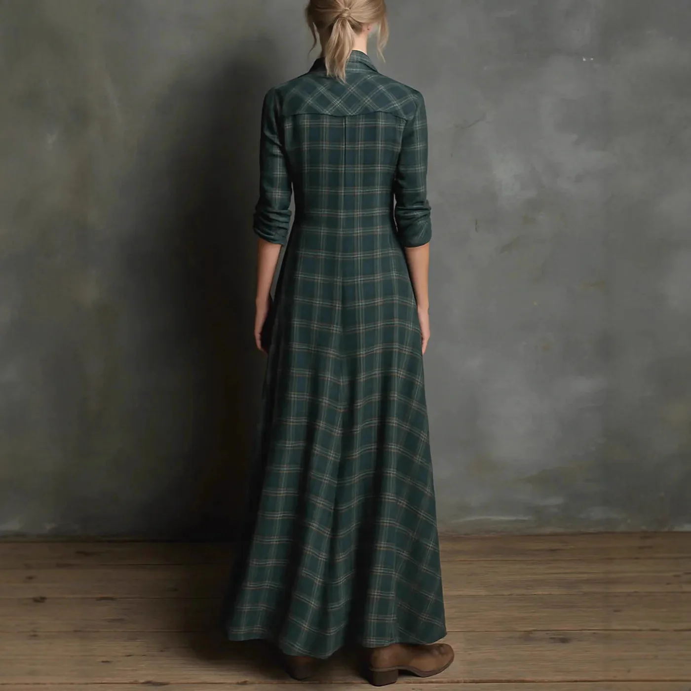 Sukienka damska w kratę w stylu retro, długa, elegancka, z długim rękawem, prosta, inspirowana modą uliczną z Europy i Ameryki, kolekcja 2025, vestidos.
