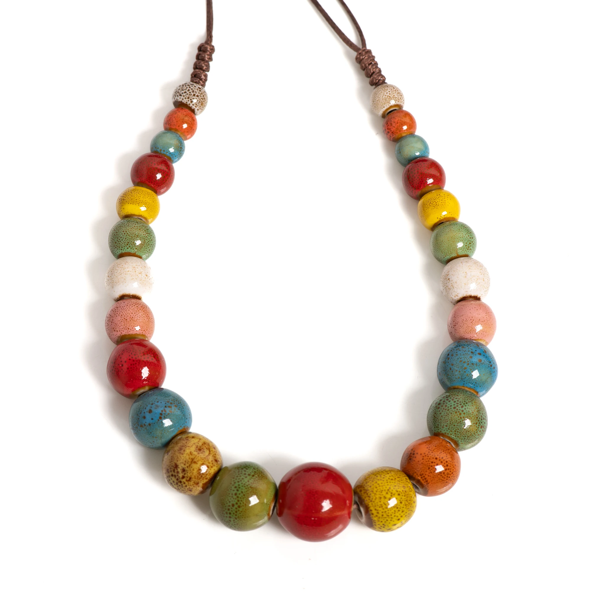 Multicolor Handmade Ceramic Necklace Adjustable 40-80cm, Bohemian Beaded Jewelry with 18mm Beads for Layering & Festivals 1128