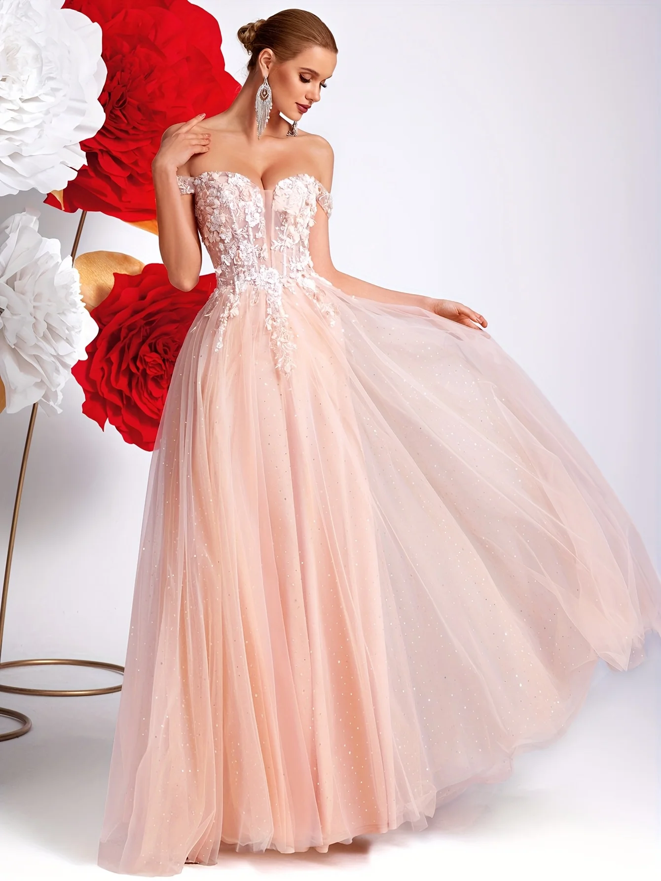 Tiulowe sukienki na studniówkę z odkrytymi ramionami, w kształcie litery A, z aplikacjami, koralikami, kwiatami 3D, brokatem, sukienki wieczorowe na Boże Narodzenie, sukienki na konkurs piękności dla dziewczynek.