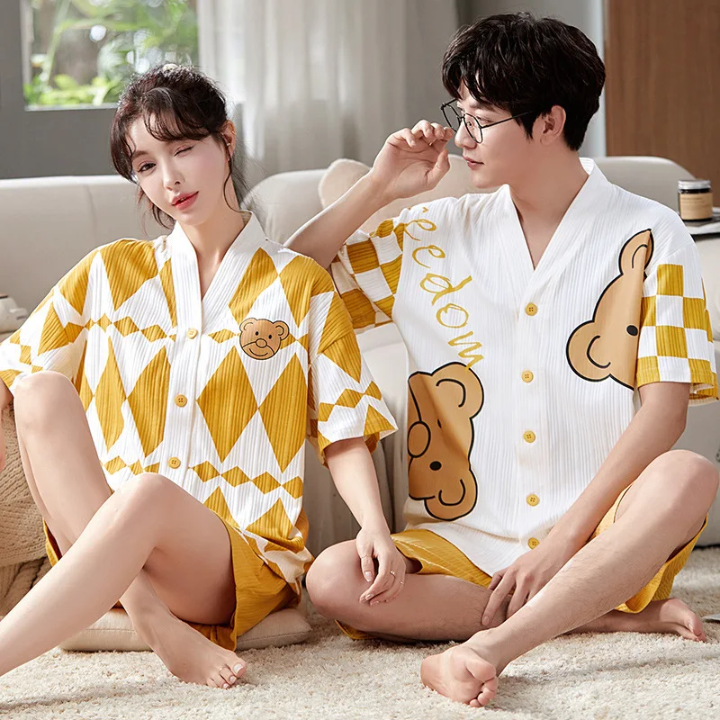 Couple Pajamas Short Sleeve Cardigan Shorts Pajama Set Men Women Sleepwear Two Piece Trends Loungewear Cartoon Print Lounge Suit