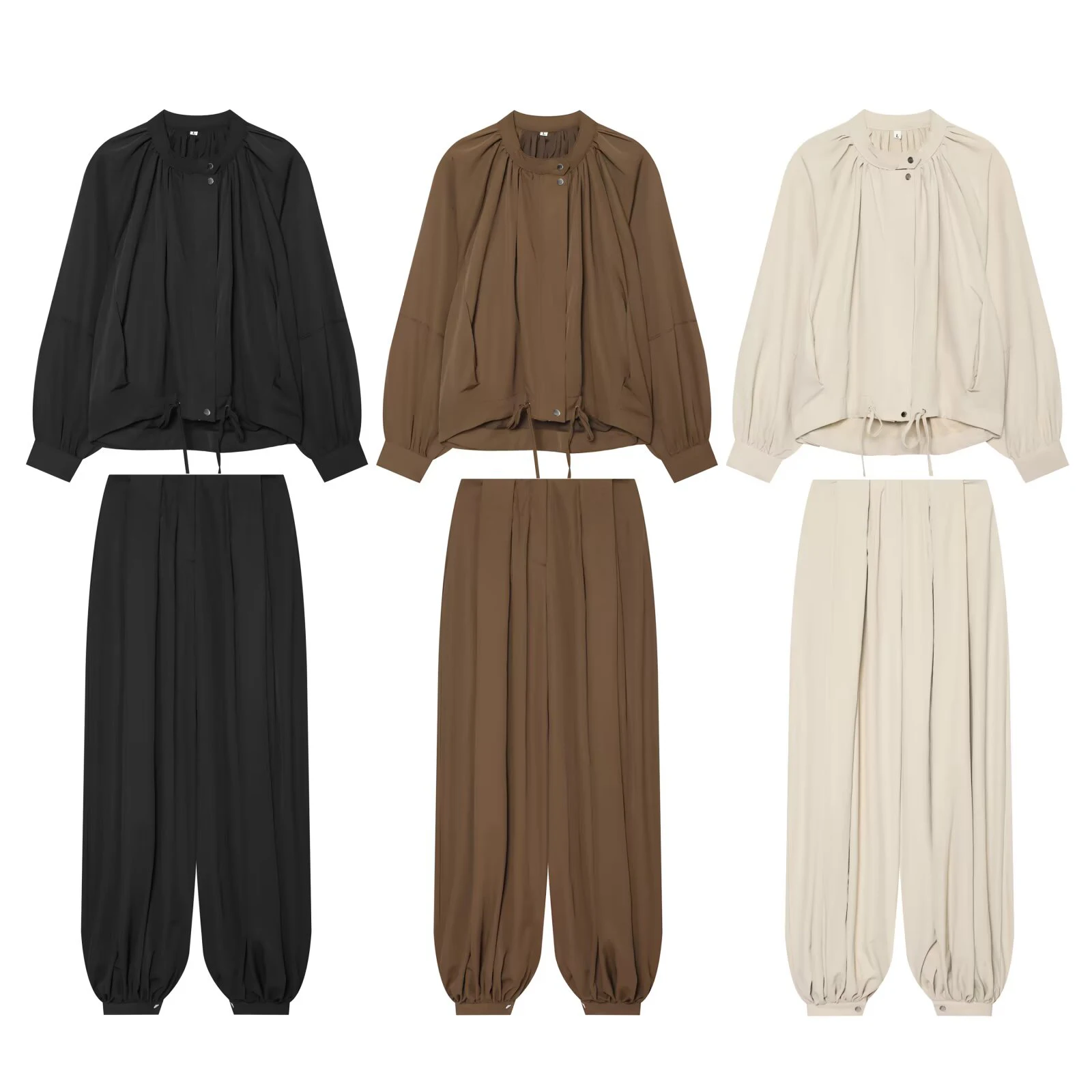 Women's Chinese style stand up collar shoulder inserted lantern long sleeved jacket waist tied foot loose casual pants set