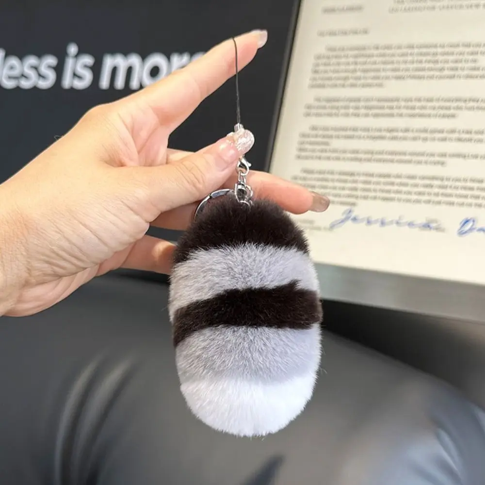 Rex Rabbit Raccoon Tail Keychain Fluffy Soft Phone Lanyard Rabbit Fur Keyring Pendant Plush Toy Pompom Tail Keyring Jewelry Gift