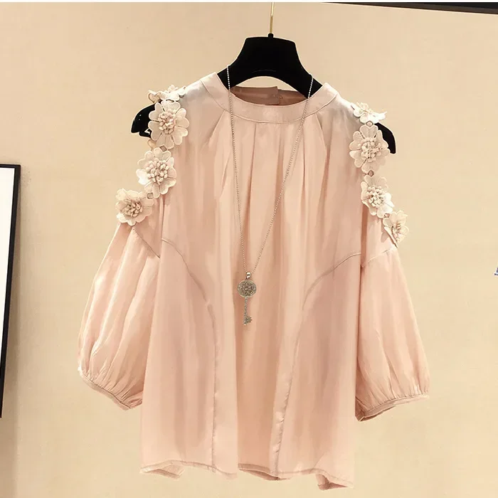Flower strapless short-sleeved round neck shirt female 2023 summer new Korean version of loose large yards of pure color casual