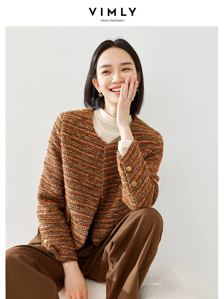 Vimly Rainbow Striped Cropped Tweed Jacket O-neck Long Sleeve Thick Quilted Coat 2023 New Wool Blend Winter Outerwears M5287