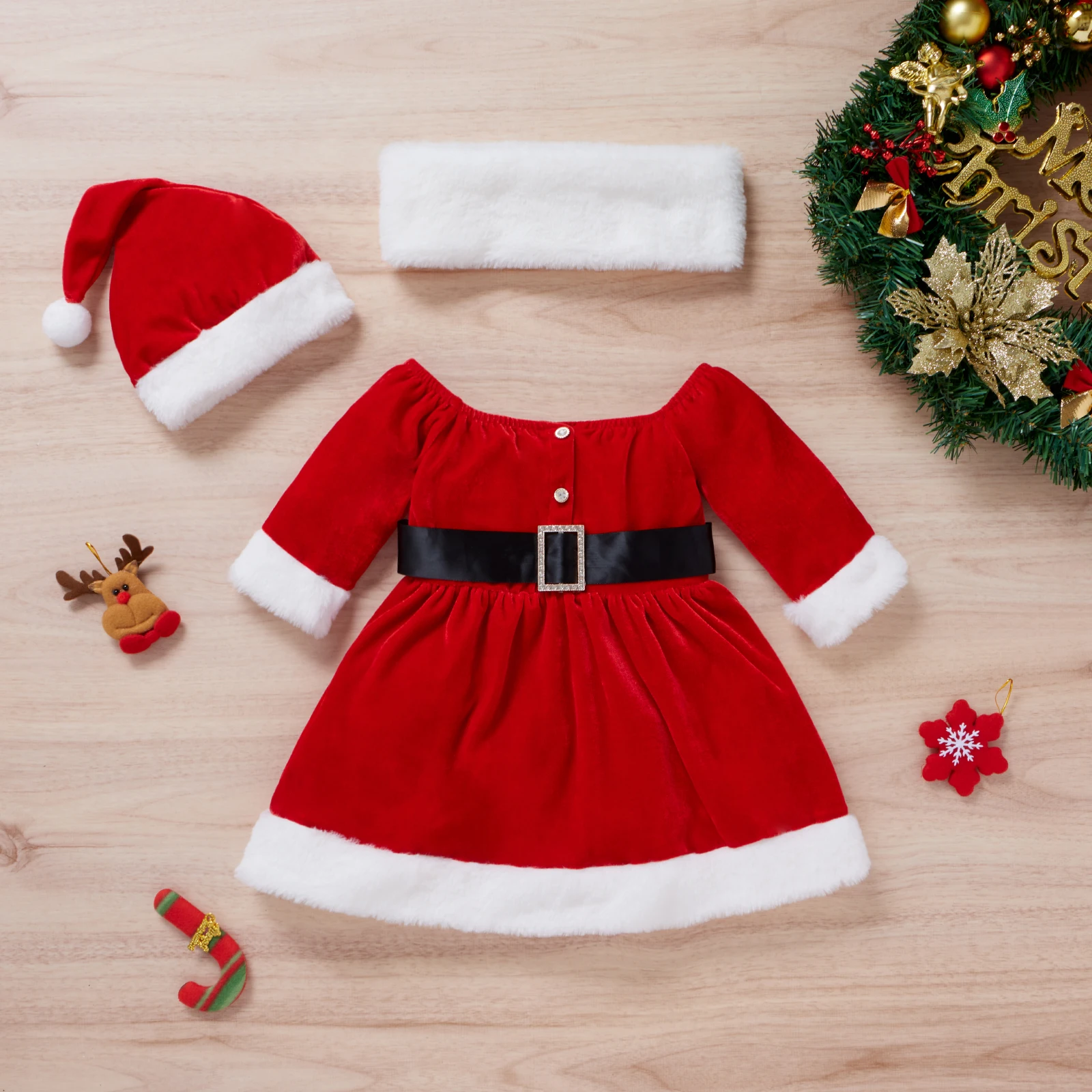 3PCS Autumn And Winter 1-4 Years Old Girl Baby Trend Fashionable One-Shouldered Christmas Dress + Belt + Hat Set