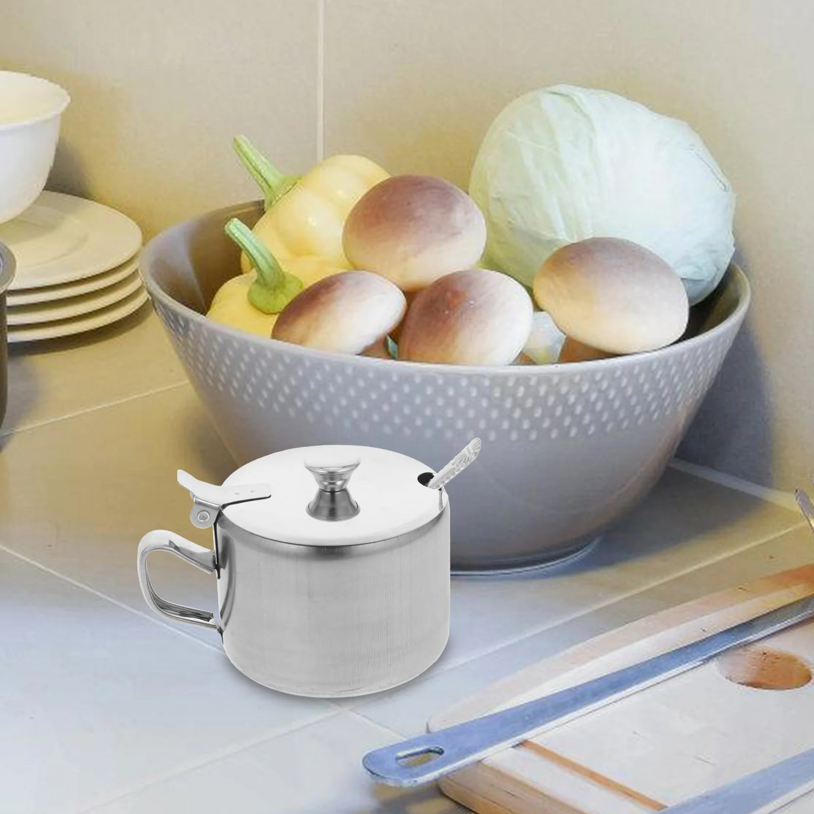 

Stainless Steel Sugar Bowl Spice Jar Salt Pepper Seasoning Pot Kitchen Condiment Silver Spoon Lid Container Set Storage Solution