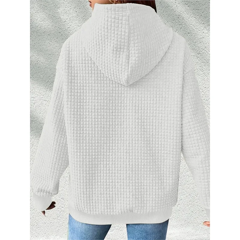 Waffle knit drawstring hoodie，Women's Fashionable Long-Sleeve Hoodie Sweatshirt for Autumn and Winter Casual Wear，Casual loose-f