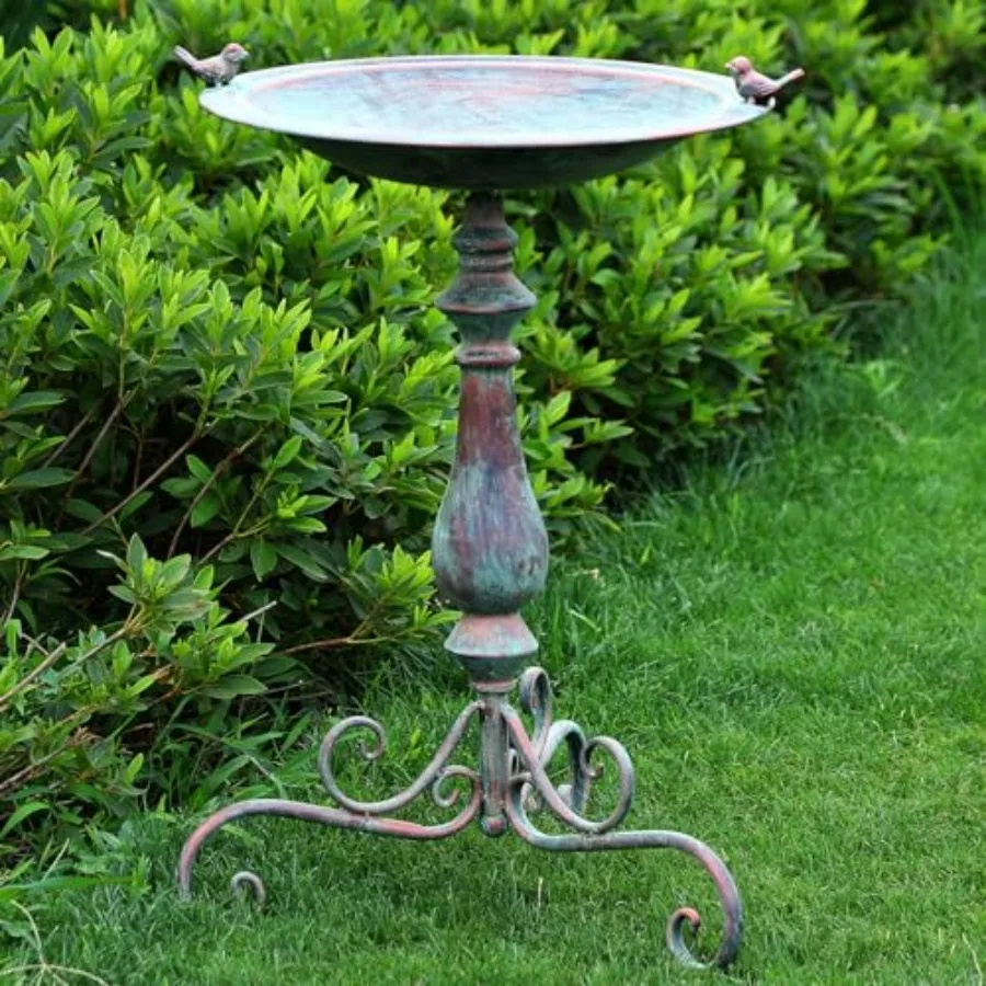 27.25 Ornate Metal Pedestal Style Birdbath with Cast Iron Vintage Birds Baths for Outdoors on Rim Full Base Standing Bird Bath Tray for Garden Yard Decoration, Green, Not Easy to Rust
