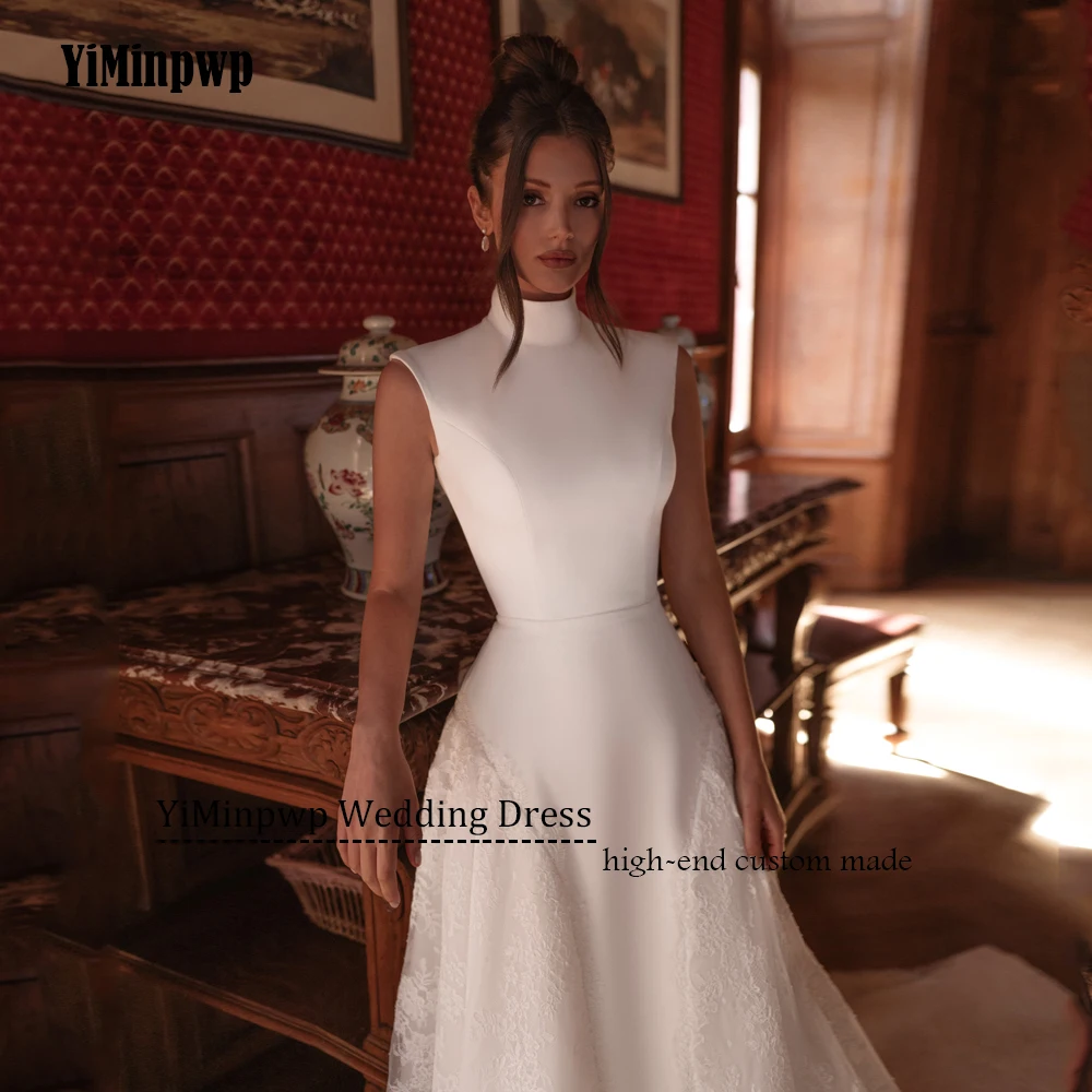 

Customized Elegant Wedding Dress Women Sleeveless High Neck Applique A-Line Satin Bride Gowns Luxury robe de mariée Sweep Train
