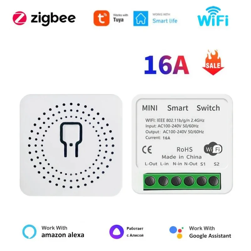 Tuya 16A ZigBee 3.0 Smart Switch DIY Mini Smart Life Automation Timing Breaker Work With Alexa Google Smart Home Yandex Alice