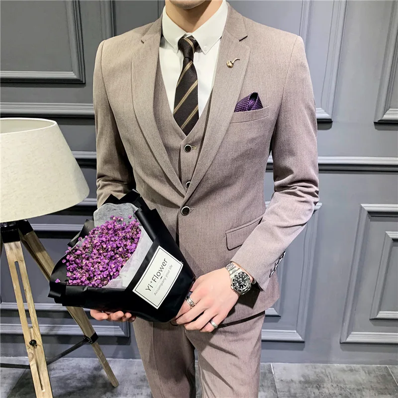

2024 New Korean Version of Slim Handsome Men's Casual Business Suit(coat+vest+pant) Three-piece Leisure Groom's Best Man Dress