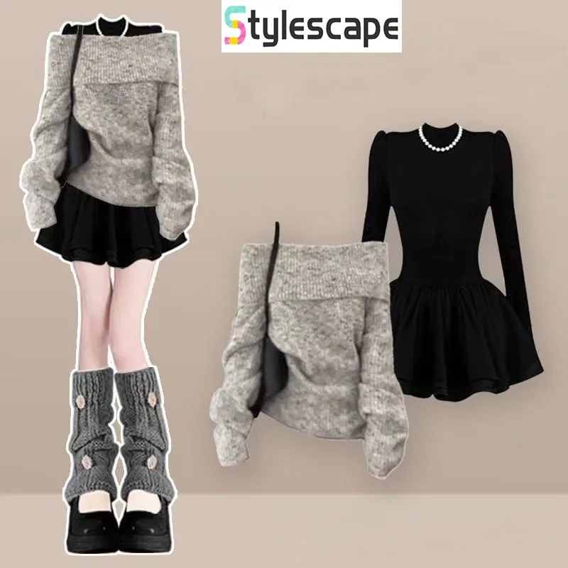 

Winter Set for Women 2025 New Fashion High-end One Shoulder Knitted Sweater Temperament Slimming Dress Two-piece Set Skirt Sets