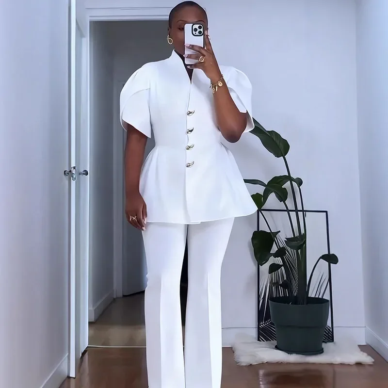 Vintage Elegant Two Piece Set Women Matching Sets Office Lady Single-breasted Puff Sleeve Blazer Coat and Wide Leg Pant Suits
