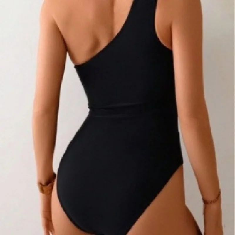 New one-piece black sexy mesh splicing swimsuit for women, solid color swimwear in stock