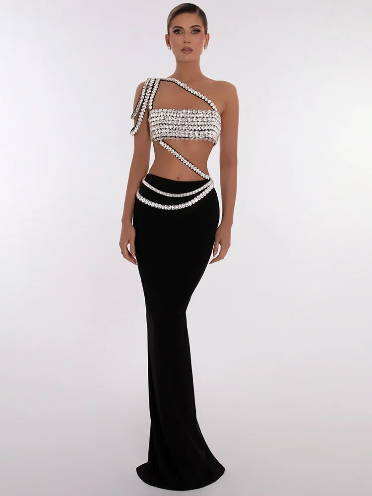 

Designer Spliced Luxury Diamond Crop Top With Long Skirt Two-Piece Sets Party Evening Runway Set