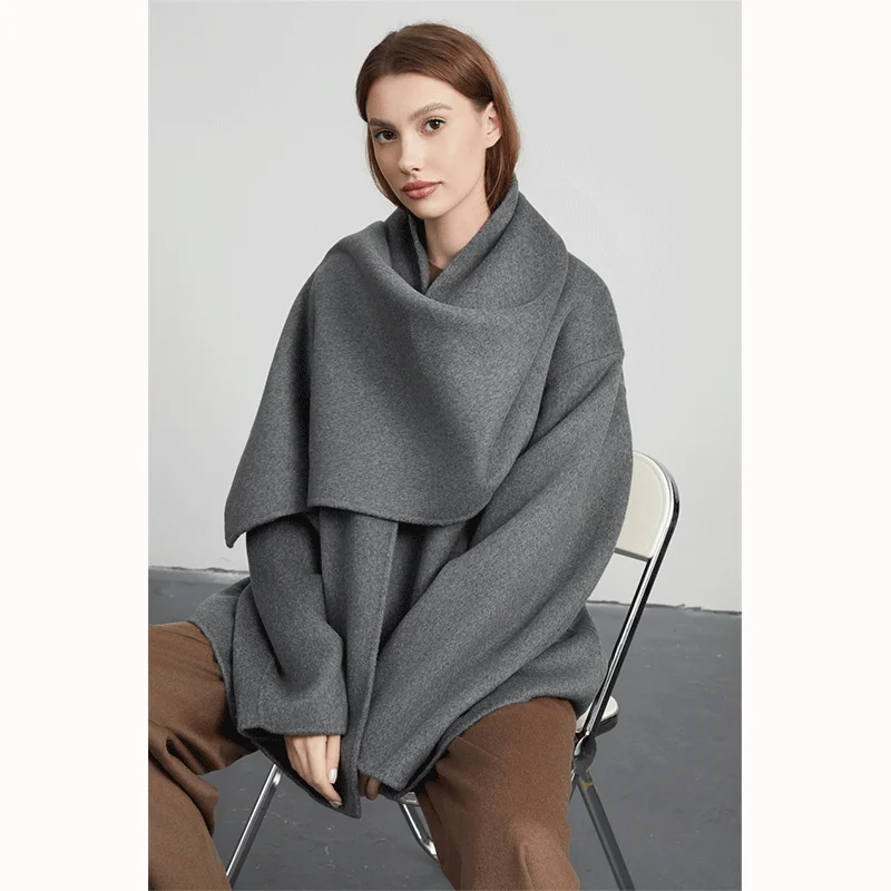 

MiiiiX Casual Double-sided Woolen Coat Women Shawl Cloak Jacket 2024 New Autumn Loose Gray Outerwear with Scarf Female Clothes