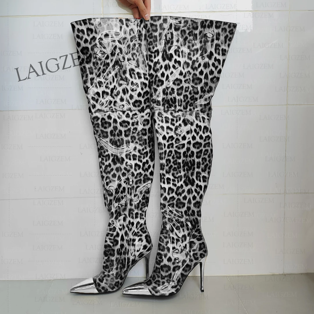 

BERZIMER Women Thigh High Boots Side Zip Thick High Heels Boots Shiny Ladieds PatchworK Handmade Shoes Woman Plus Size 40 45 47