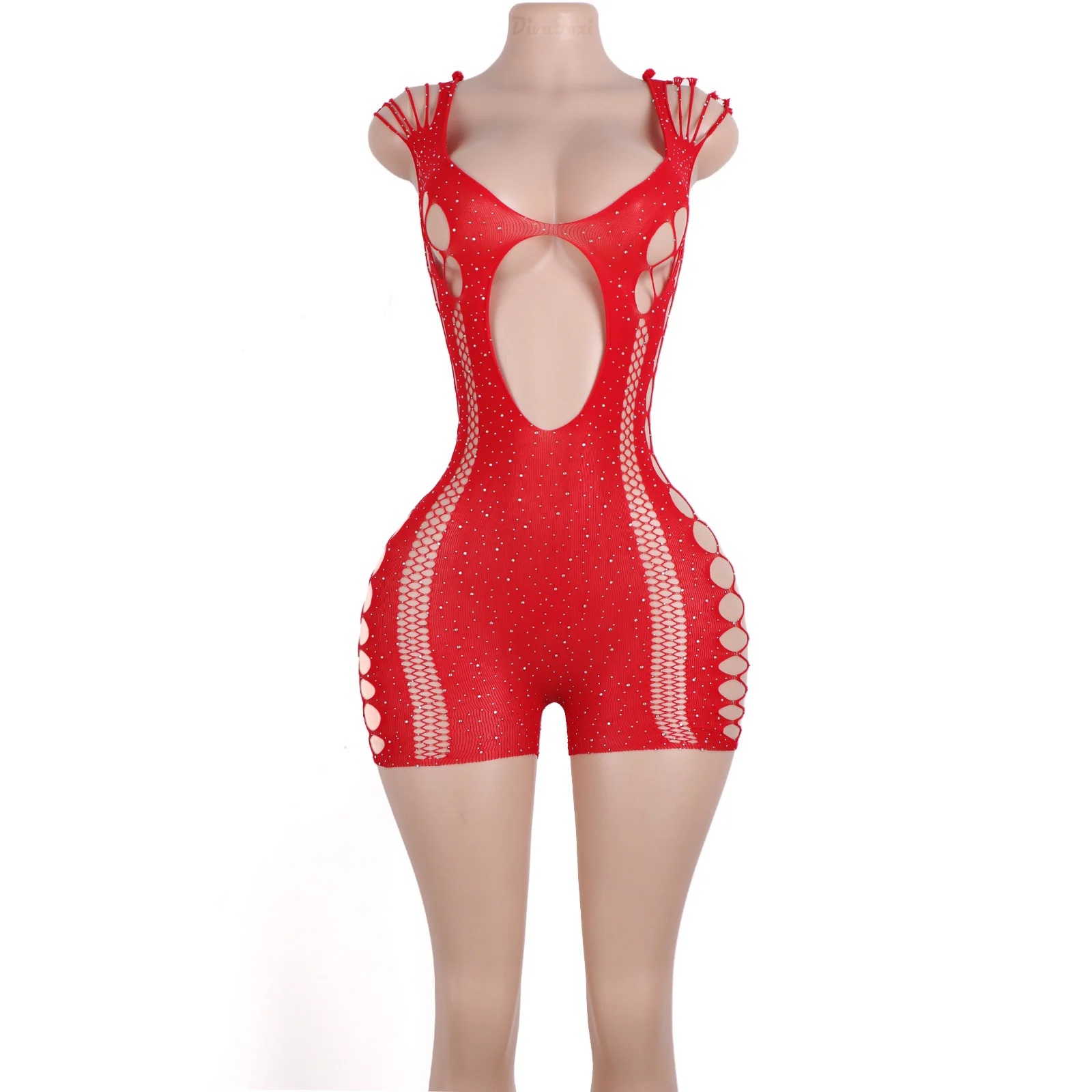 

Red Lace Stage Performance Women's Exotic Dancewear Mesh Shorts Set Dancer Pole Dance Bodysuit Diamond Bottle Girl Outfits