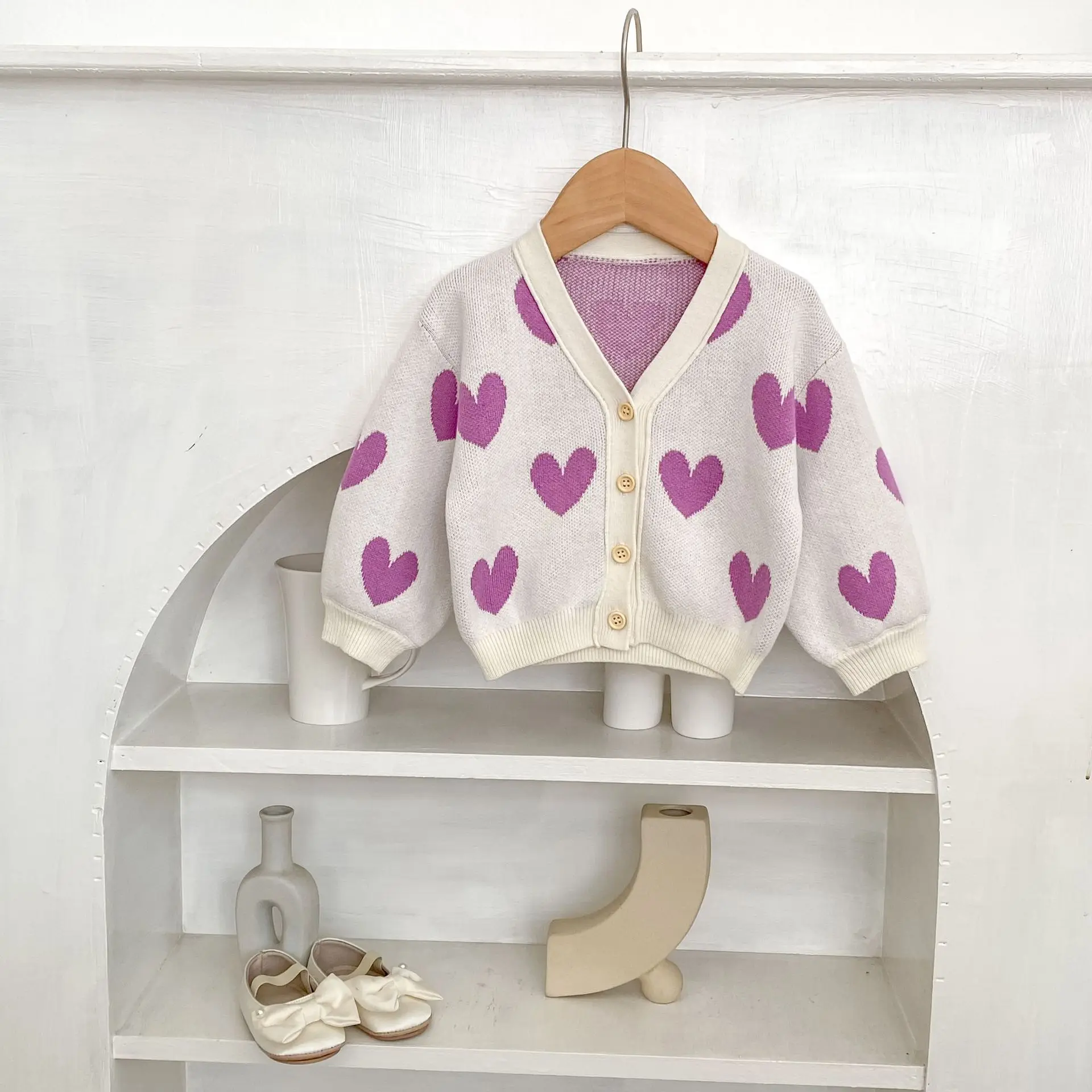​​2025 Fall Baby Girl Cardigan Korean Style Heart Jacquard Knit Sweater Soft Cotton Cute Outfit for Toddler Infant 0-24 Months​
