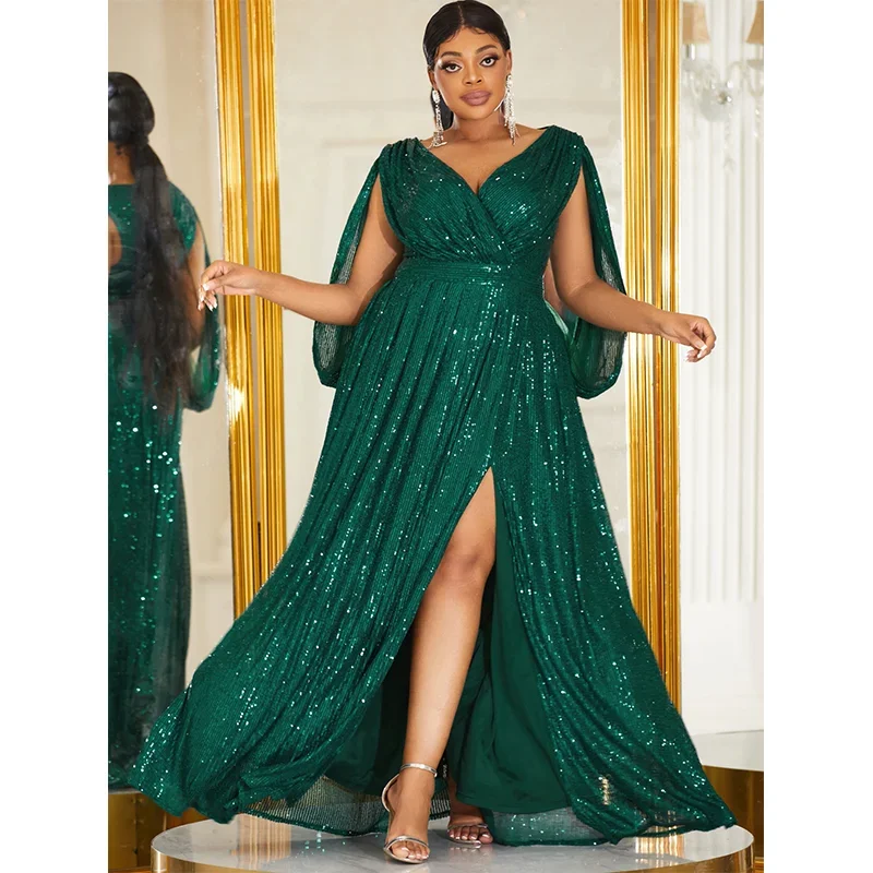 Plus Size V-Neck Dark Green Sequined Floor-Length Evening Dress 4xl5xl Bigsize Slit Sexy Banquet Shiny Multi-Color Women's Dress