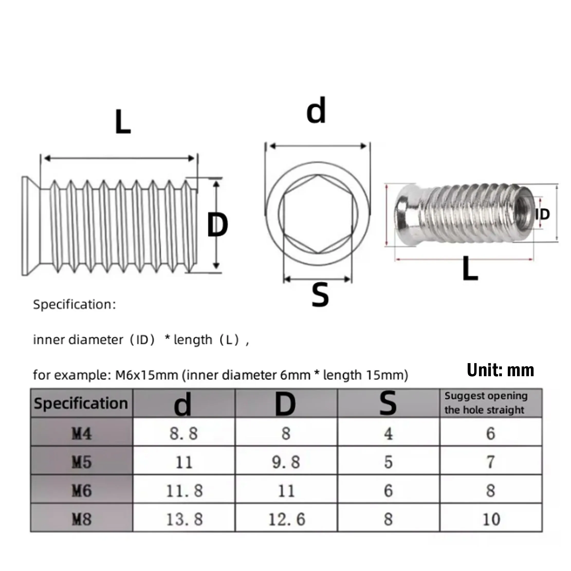 M4 M5 M6 M8 Furniture Nut 304 Stainless Steel Hex Drive Insert Nuts Woodworking Wood Insertnut Table Desk Chair Bed Nutsert