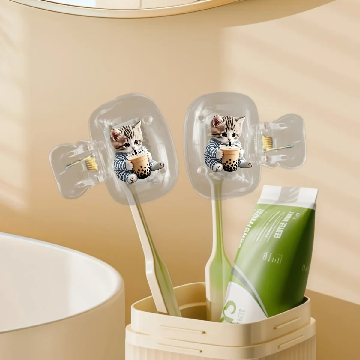 2pcs Cat Drinking Milk Tea Toothbrush Head Cover Suitable for Home and Travel Use Bathroom Essential Gift for Lady and Girl