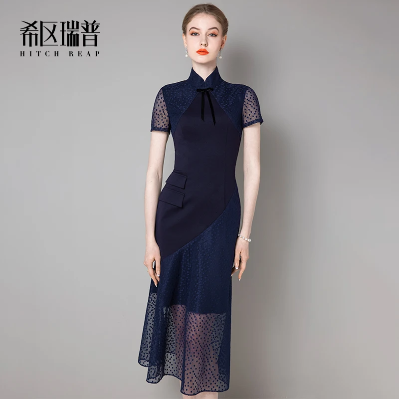 

High end celebrity improved cheongsam new women's summer temperament polka dot dress banquet