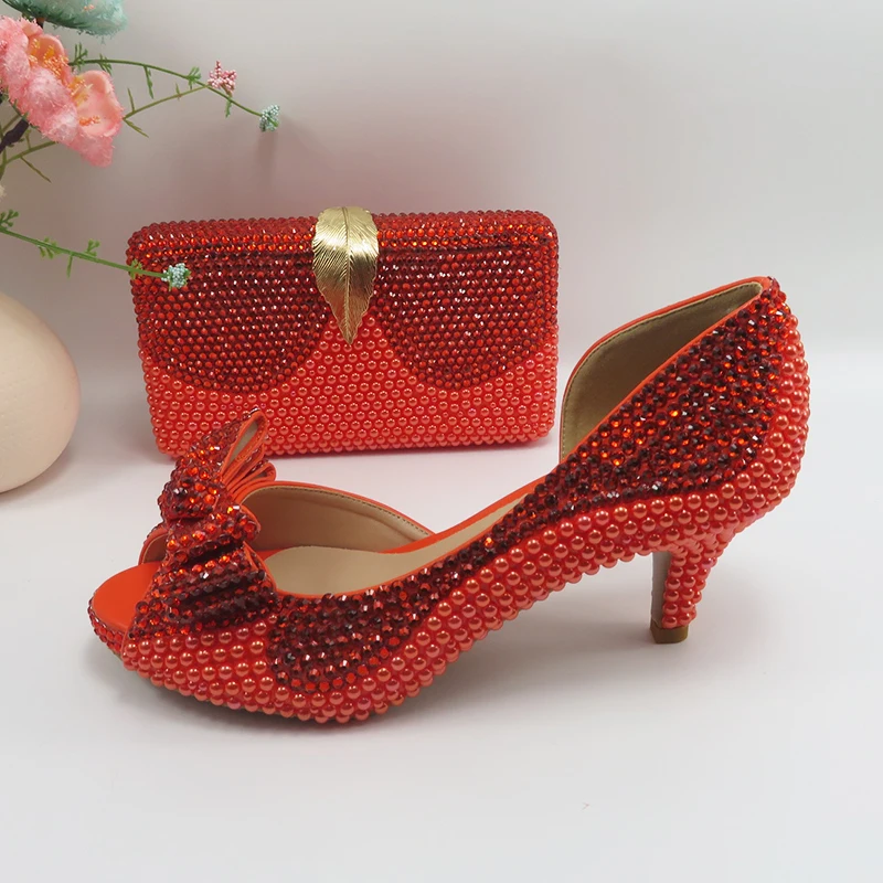 2022 New arrival Orange Crystal Women wedding shoes with matching bags Peep toe High Pumps fashion Open Toe shoes and Purse