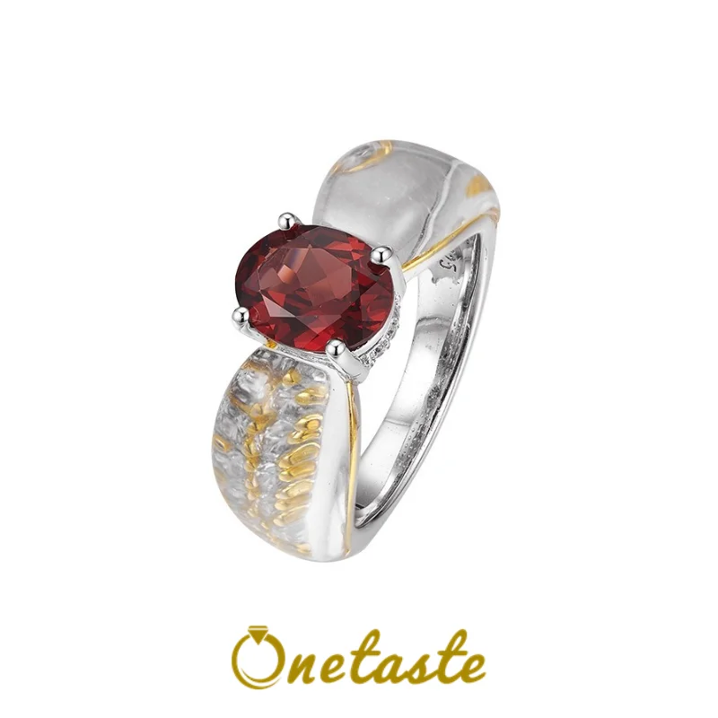 Classic Luxury 925 Sterling Silver Two Tone Red Garnet White Crystal Open Rings For Women Zircon Chic Shiny Ring 2024 New Gift