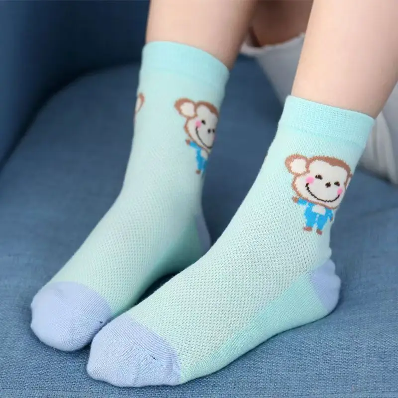 5 Pairs Summer Mesh Children Socks Cute Cartoon Monkey Pattern Soft Cotton Breathable Elastic Toddler Mid Tube Kids Socks