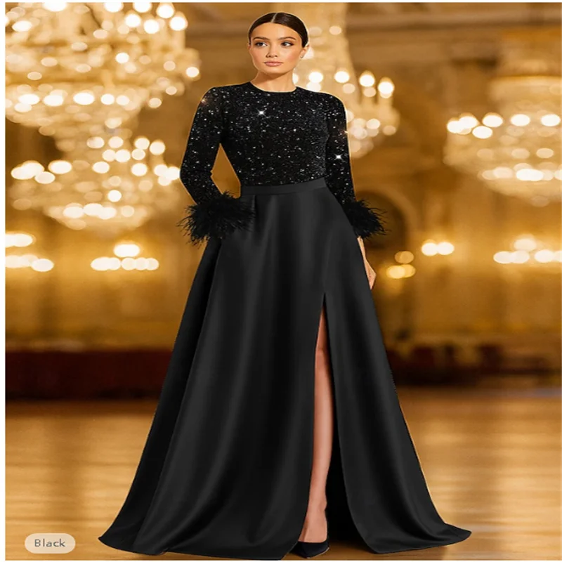 A-Line Floor Length Evening Gown Ball Gown Formal Dress Elegant High Split Silky Long Sleeve Crew Neck Wedding Formal Pocket