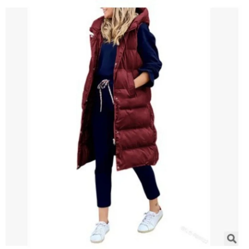 Women Solid Color Hooded Long Coat 2023 Autumn Winter Vest Long Parkas Women Loose and Warm Single-Brewed Zip Sleeveless Parkas