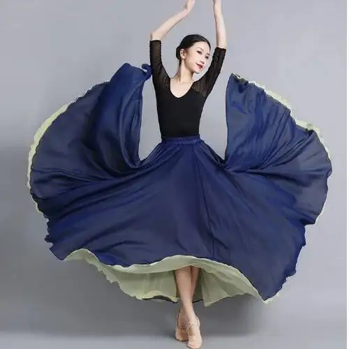 Flamenco Chiffon Dansrok Dames 720 Graden Effen Kleur Lange Rokken Danser Oefenkleding Chinese Stijl Rok met Grote Zoom