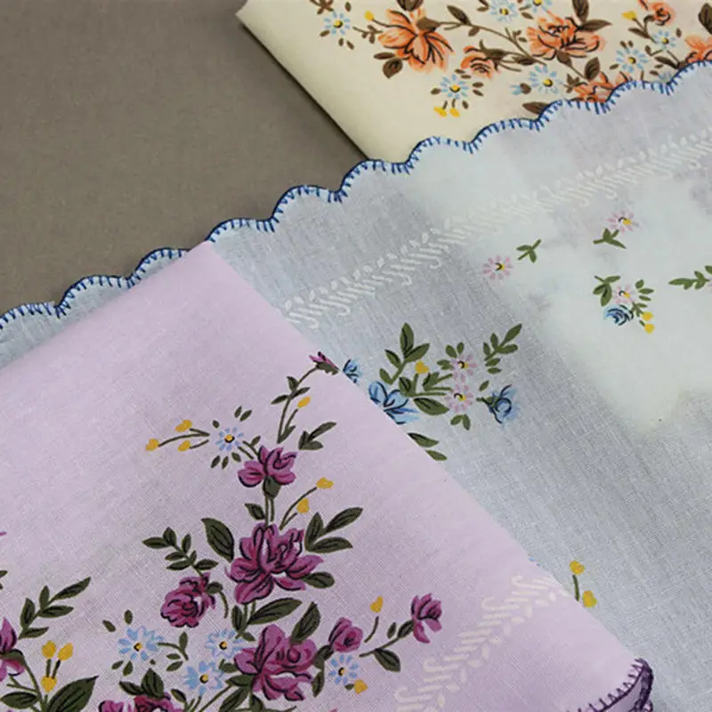 3PCS Vintage Cotton Women Hankies Floral Print Handkerchiefs Ladies Handkerchief Hankies Ladies Handkerchief for Afternoon Tea