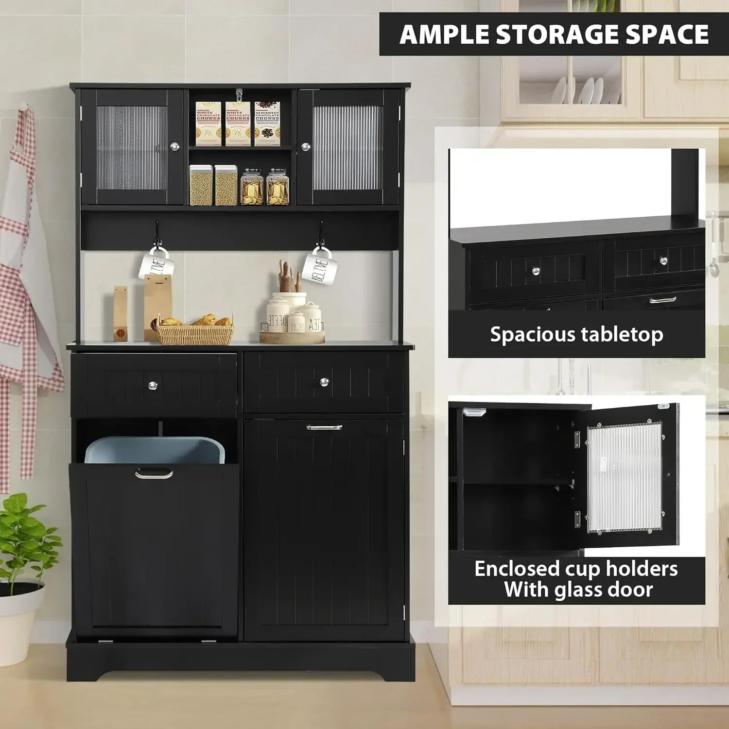 Freestanding Wooden Storage Cabinet Two Solid Wood Hideaway Trash Drawers Recycling Holder Kitchen Trash Can