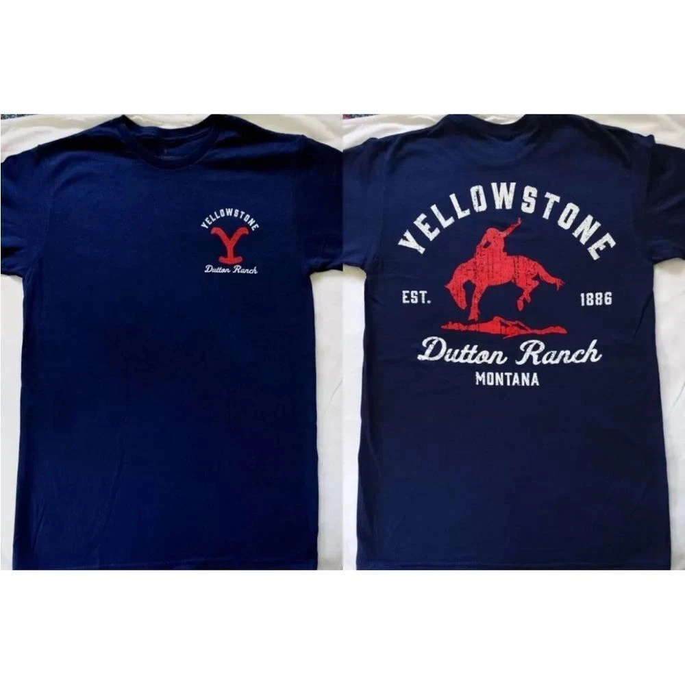 تي شيرت رجالي من Yellowstone Dutton Ranch لعام 2025 باللون الأزرق الداكن ورسومات مزدوجة الجوانب فاخرة راقية لكل من الرجال والنساء قميص صيفي Y2k