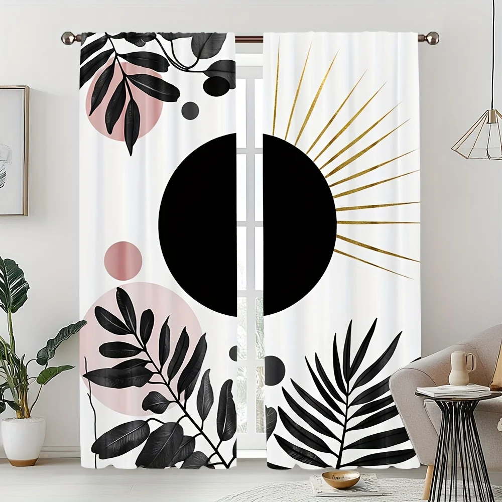 2pc Bohemian leaf arch pattern curtains, polyester fabric, machine washable, suitable for bedroom living room decoration