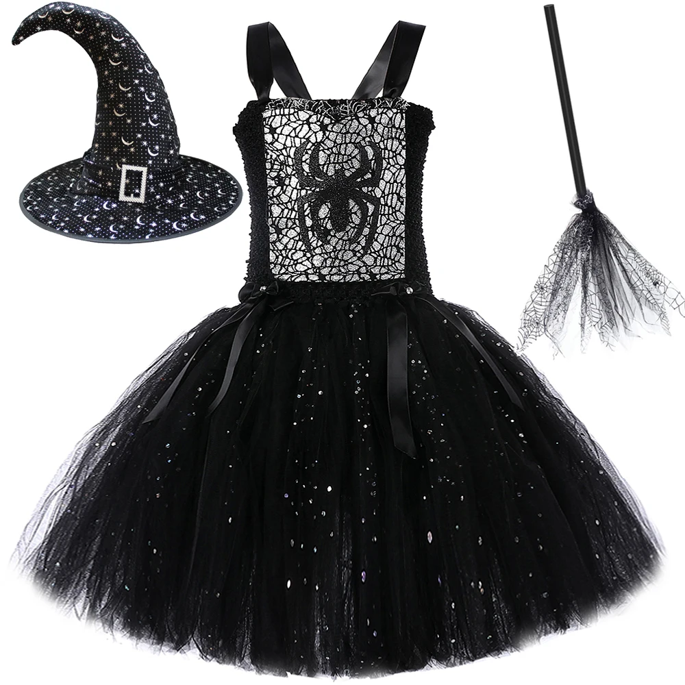 

Sparkly Wicked Witch Halloween Costumes for Girls Kids Twinkle Black Spider Cosplay Tutu Dress Up Outfits with Magic Hat Broom